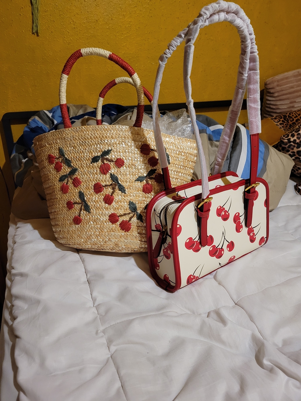 Straw Tote & Cherry Print Crossbody Handbag Set - Red/Beige